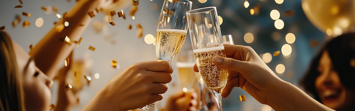 Vibrant New Year's Eve party with champagne toast and confetti